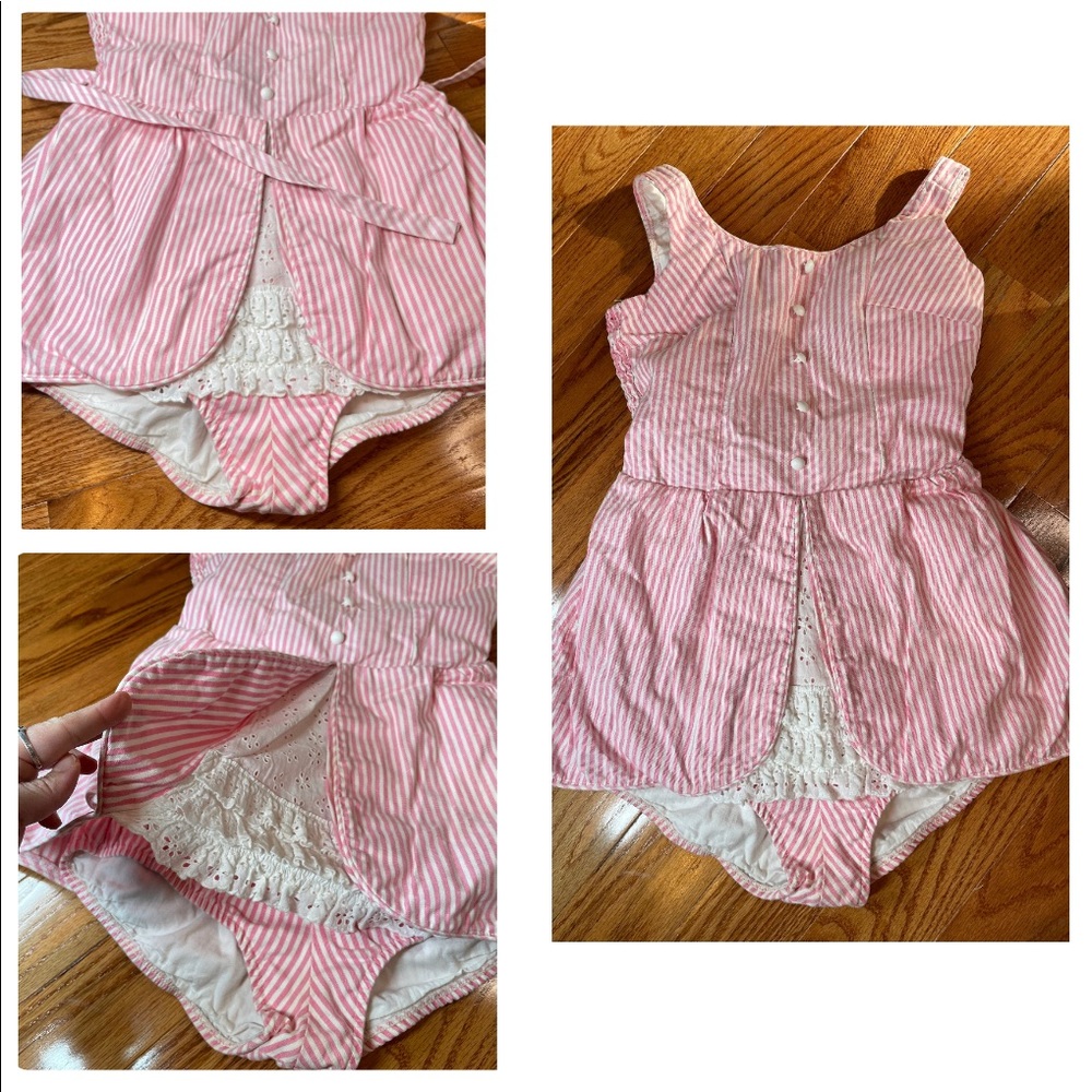 Vintage vlv pink stripe ruffles beach play suit romper rare Barbie stripes beach